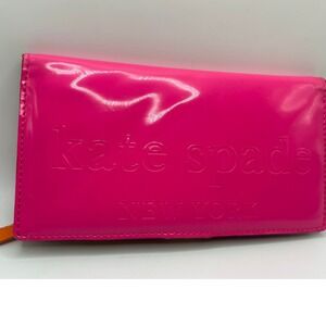 Kate Spade New York Hot Pink Patent Leather Gold Bifold Wallet Zip Pocket #469